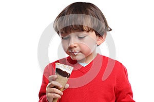 Boy child kid eating licking ice cream summer isolated on white