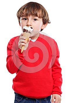 Boy child kid eating licking ice cream summer portrait format is photo