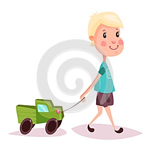 Boy or child, kid or guy with toy truck or lorry