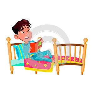 Boy Child Laying In Bed And Reading Book Vector