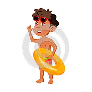 Boy Child With Lifebuoy Go To Swimming Pool Vector