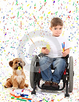 Boy Child Painting Wheelchair with Dog