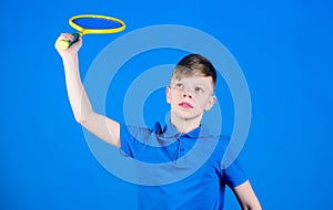 Boy child play tennis. Practicing tennis skills. Guy with racket enjoy game. Future champion. Dreaming about sport