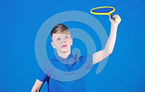 Boy child play tennis. Practicing tennis skills. Guy with racket enjoy game. Future champion. Dreaming about sport