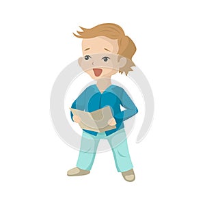 Boy child sings a song, Music lesson at school. Holding a notebook. Vector character on white background