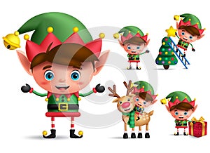 Boy christmas elf vector character set. Little kid elves with green costume photo