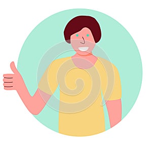 Boy in circle show positive emotions with thumb up gesture, approval sign, flat raster