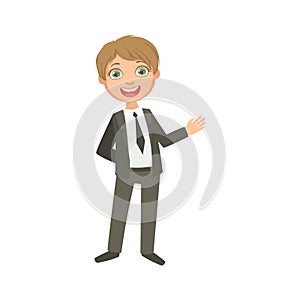 Boy In Classic Black Suit Happy Schoolkid In School Uniform Standing And Smiling Cartoon Character