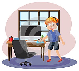 A boy cleaning computer room