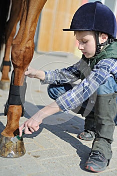 Boy cleans a hoof of horse photo