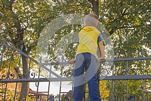 The boy climbed onto the fence. The child climbs on the gate, fe