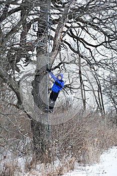 Boy Climbing a Deer Stand in the Forest