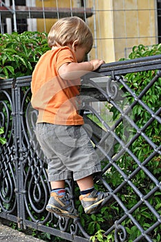 Boy climbing fence