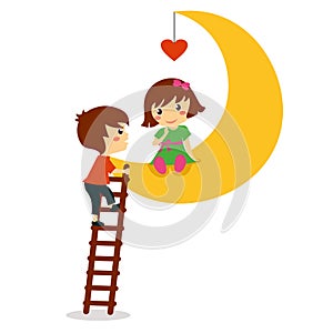Boy climbing on the moon where sitting girl with heart, valentine day