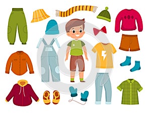 Boy clothes. Young modern child with apparel around, different seasons casual wear, character with jeans, shirts