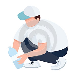 Boy collecting plastic bottle on beach semi flat color vector character