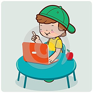 Child on his desk in the classroom using the computer. Student boy at school doing homework. Vector illustration