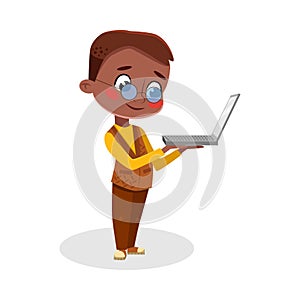 Boy Computer Programmer Character with Laptop, Kids Hobby or Future Profession Concept Cartoon Style Vector Illustration