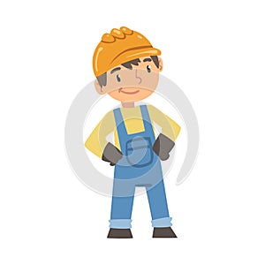 Boy Construction Worker, Cute Little Builder Character Wearing Blue Overalls and Hard Hat Cartoon Style Vector