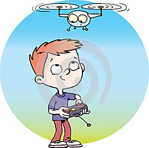 Boy controls the drone and looks at it