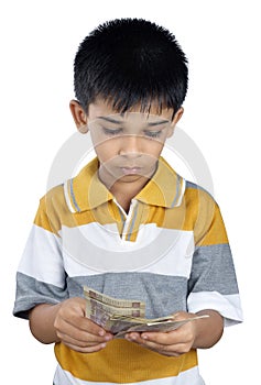 Boy Counting the Money with Expression