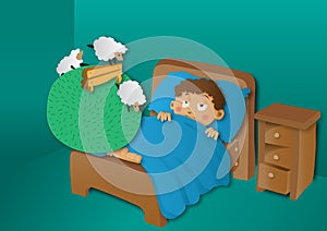 Boy counting sheep in bed