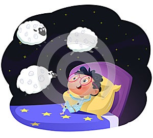 Boy counting sheep to fall asleep, vector llustration