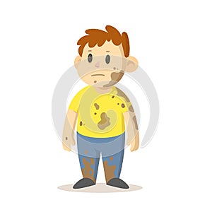 Boy covered in mud standing straight, cartoon character design. Flat vector illustration, isolated on white background.