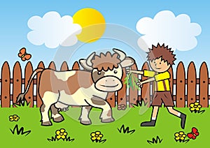 Boy and cow on pasture, vector illustration