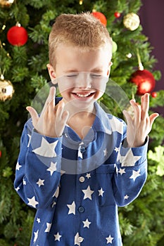 Boy Crossing Fingers In Front Of Christmas Tree