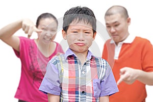 Boy crying while parents scold him