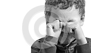 Boy crying in poverty stock photo