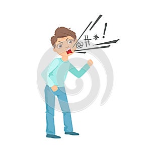 Boy Cursing Teenage Bully Demonstrating Mischievous Uncontrollable Delinquent Behavior Cartoon Illustration photo