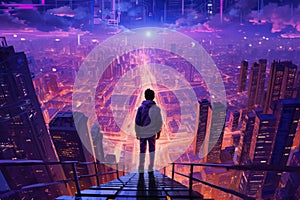 Boy Cyberpank Cyber City Augmented Reality Hightech Fashion Digital Art Landscape. Generative AI