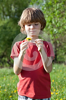 Boy with dandelion in the hands of