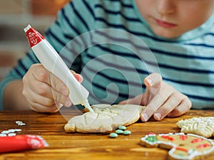 Boy decorate Christmas cookies for the holiday