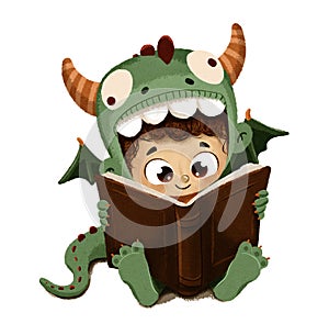 Boy disguised as a dragon reading book