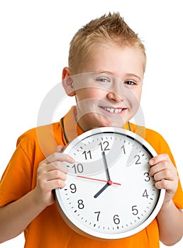 Boy displaying eight o'clock time in studio isolated