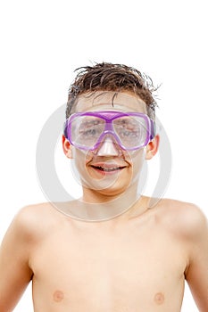 Boy diver in swimming mask with a happy face close-up portrait, isolated on white