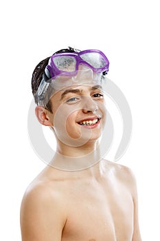 Boy diver in swimming mask with a happy face close-up portrait, isolated on white