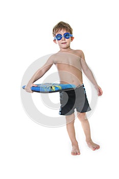 Boy with diving goggles and board over white