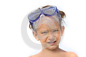 Boy in diving mask isolated over white