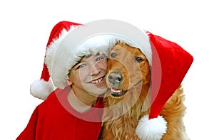 Boy and Dog in Christmas Hats