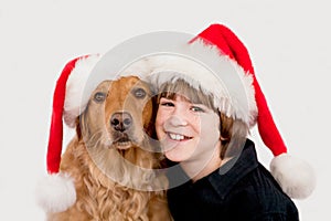 Boy and Dog in Christmas Hats