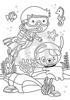 Boy and dog diving coloring page for children