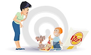 Boy and dog eat pizza. Illustration for internet and mobile website