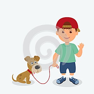 Boy and dog isolated on the white background. Vector illustration child and puppy best friends