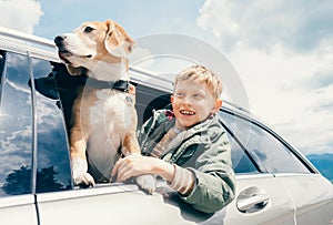 Boy and dog look out from car window photo