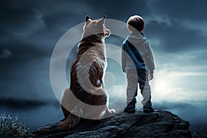 boy and dog looking the moon in the sky, AI generated