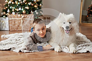 Boy with dog near christmas tree on christmas background